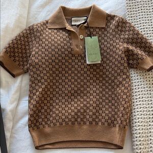 Gucci Brown & Dark Brown Monogram V-Neck Polo Sweater XS